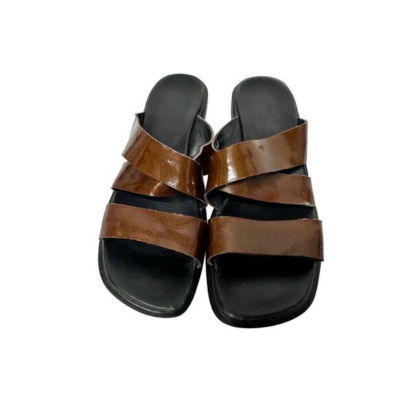 Clark’s Brown Patent Leather Criss Cross Slide Wedges - Picture 4 of 12